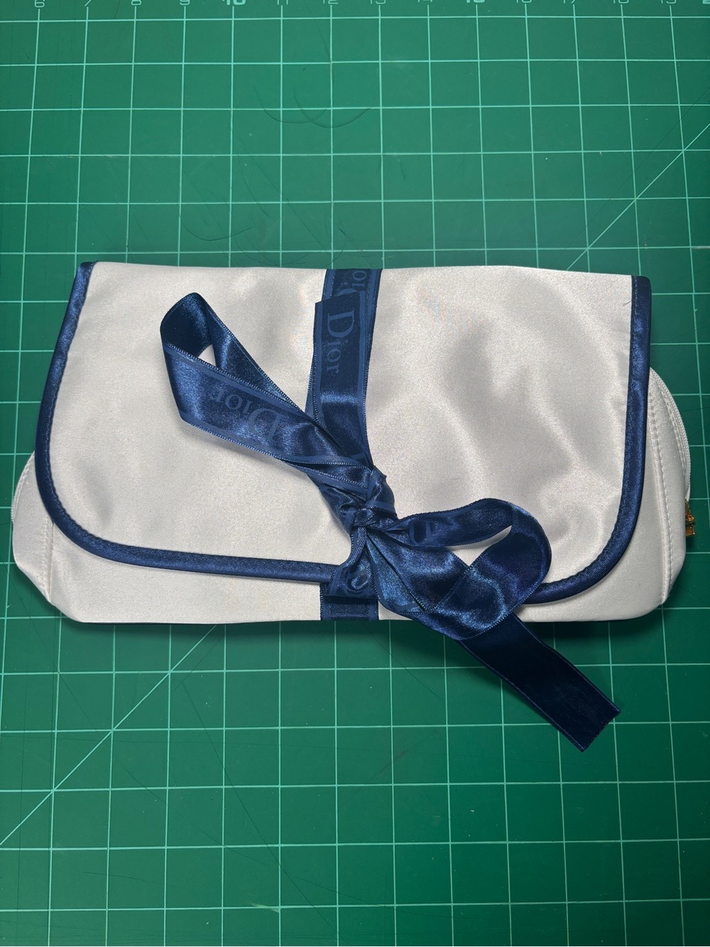 Dior White Satin Makeup Bag Perfume Storage Navy Ribbon Trim Accessories Bag